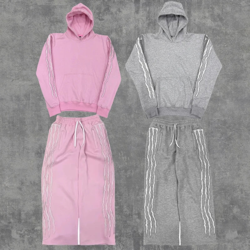 2 Pcs Tracksuit Co-ords Y2K Retro Casual Sweatpants Pullover Stripe Embroidery Fleece-lined Trendy Streetwear Unisex Sports Suit