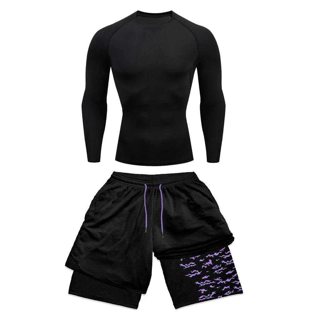 2PCS Anime Compression Sportswear Suit Men's Fitness Set Quick Dry Gothic Compression Shirt+Harajuk 2 in 1 Gym Shorts Summer