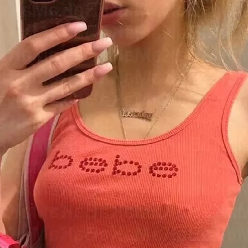 Summer Y2k Women's Corset Tank Top Baby Tee Rhinestone letters Print Vintage Streetwear t-shirt Gothic Slim Fit Sports Top