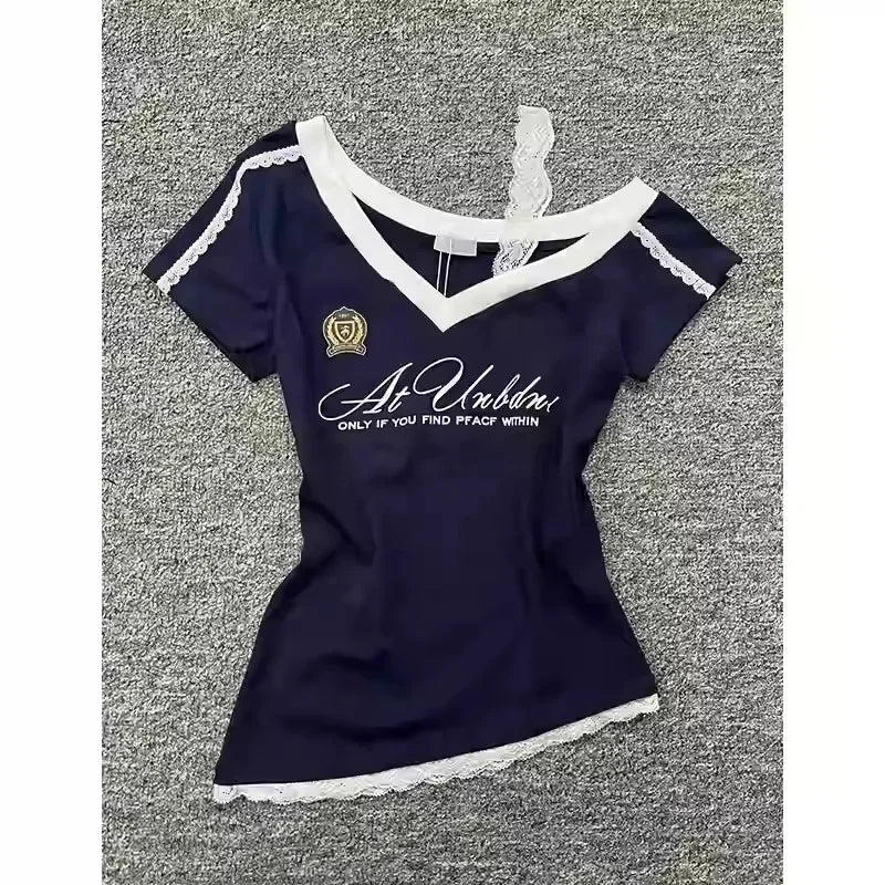 Millennium style Gothic Hot Girl Waist Splicing Lace Strap Short Sleeve T-shirt for Women 2025 New Summer navy blue slim fit top
