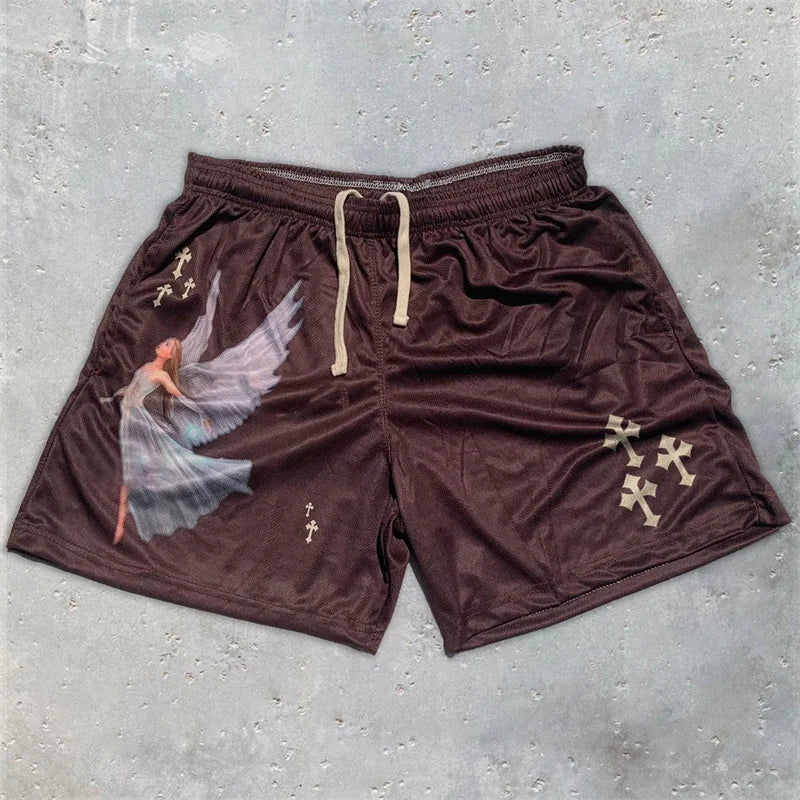 Y2K Christian Angel Cross Print Gym Shorts for Men Active Track Shorts with Pockets Athletic Workout Training Running Jogging