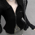 Y2K Slim Fit Zipper Black T-Shirt for Women 2026 Spring New Long Sleeve Fitted Top Woman Chic Street Style Sexy Knitted Crop Tee