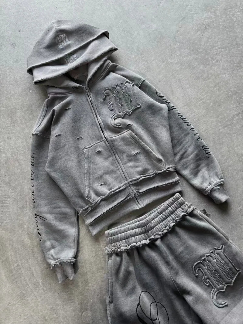 Y2K High Street Retro perforated patchwork double Hat Men Set Punk Hip-hop aged personality top hoodie Couple casual sportswear