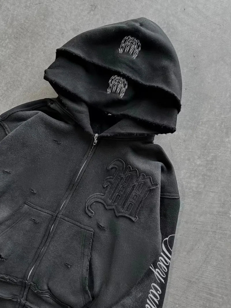 Y2K High Street Retro perforated patchwork double Hat Men Set Punk Hip-hop aged personality top hoodie Couple casual sportswear