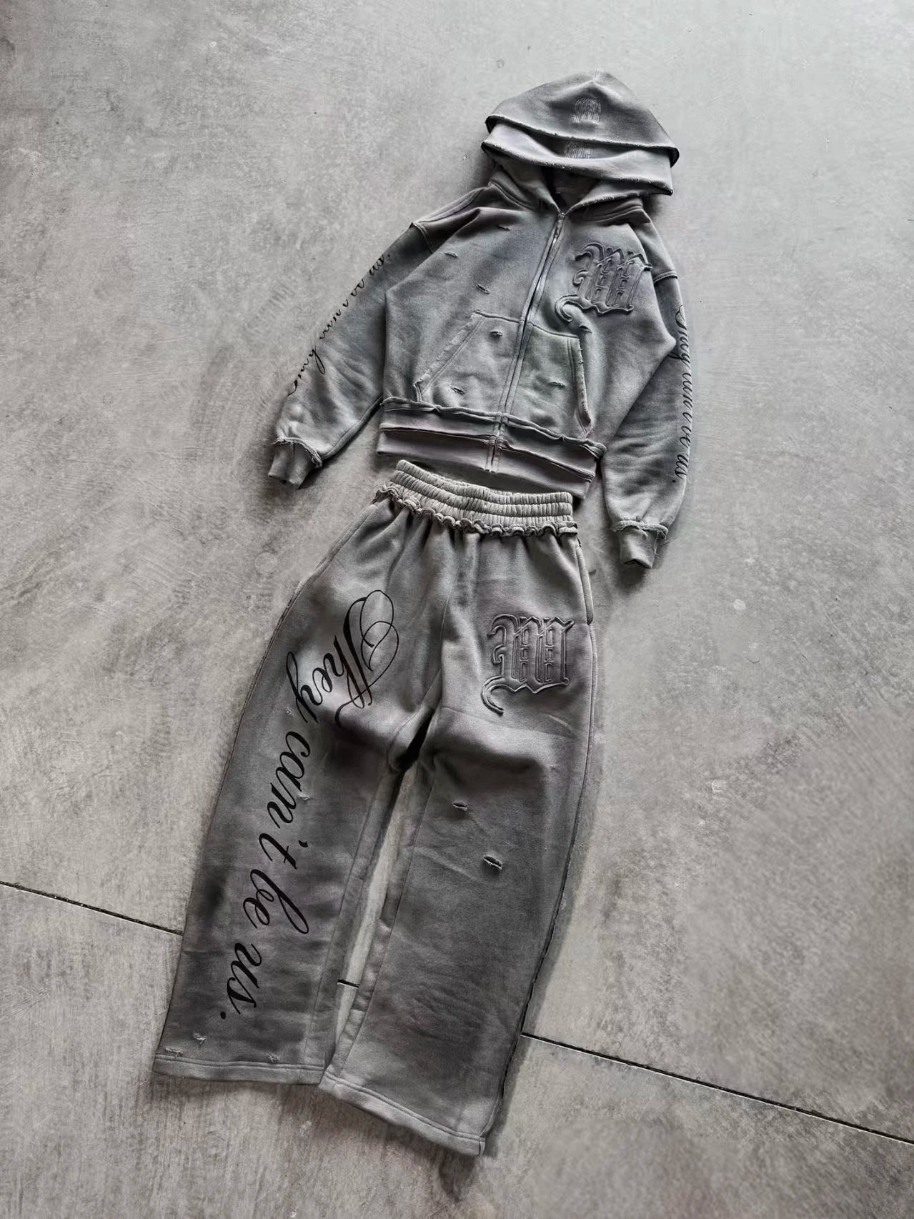 Y2K High Street Retro perforated patchwork double Hat Men Set Punk Hip-hop aged personality top hoodie Couple casual sportswear