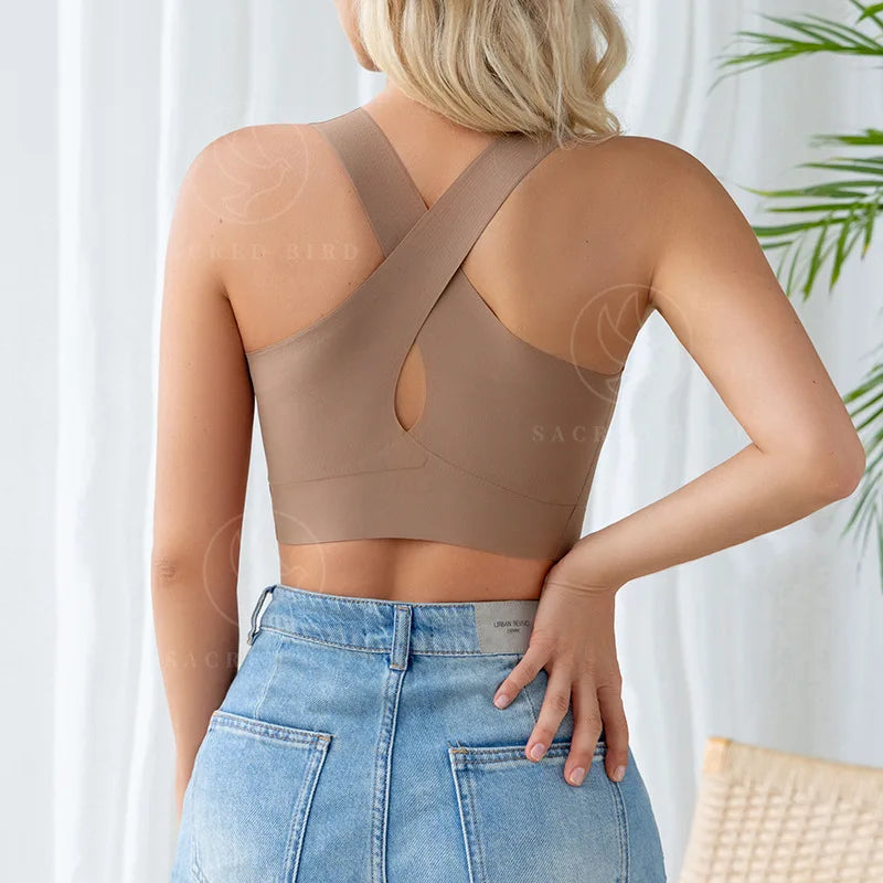 Fashionable seamless one-piece thin breathable sports bra sexy and beautiful back women's no steel ring cross shoulder strap br