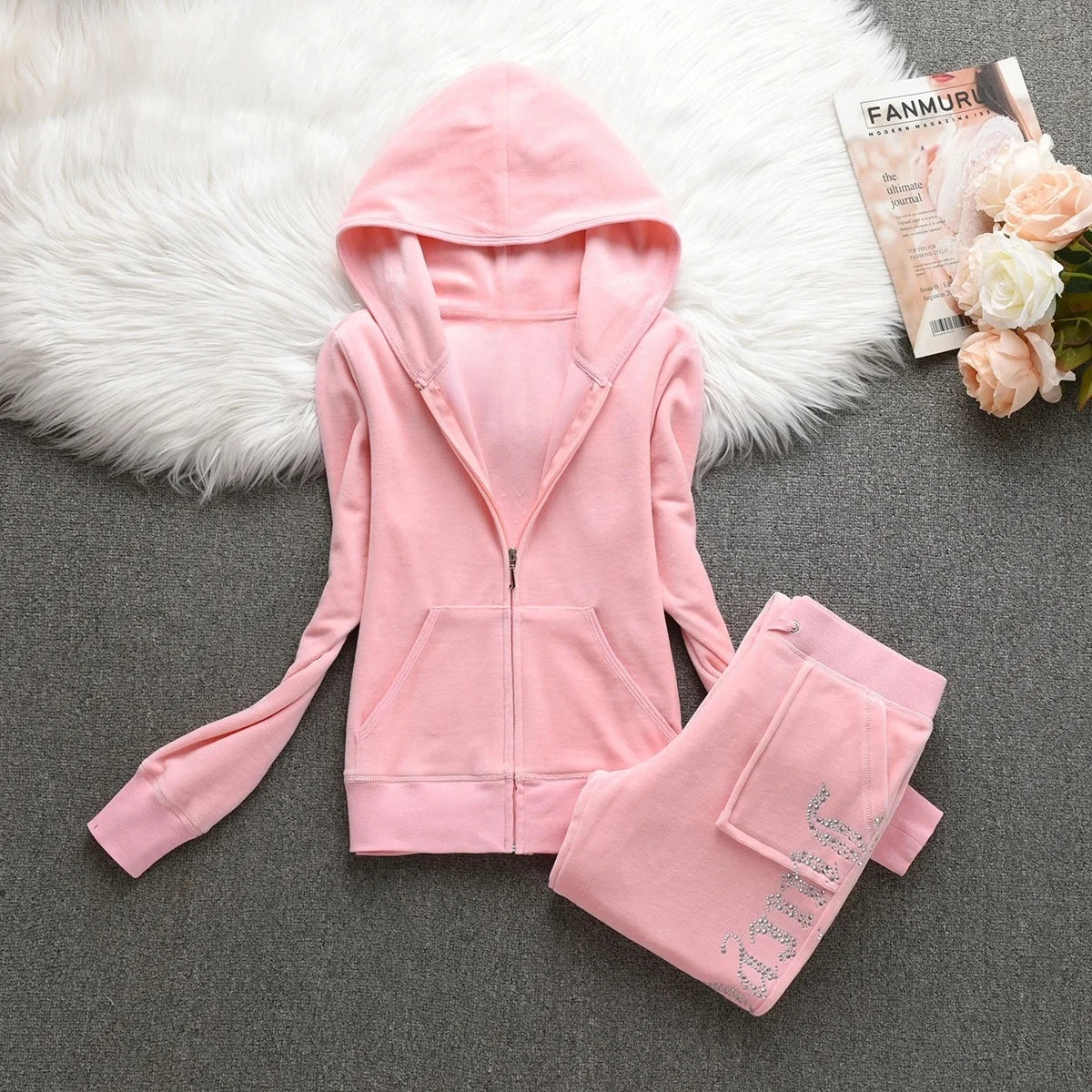 Winter Velvet Tracksuit for Women Juicy Tracksuit Heavy Duty Fleece Lined Hoodie and Pants Set | Solid Color Warm Jogger Outfit