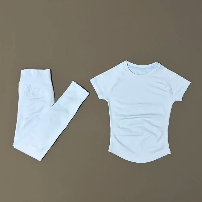 2 Pieces Impact Sports Sets  Short Sleeve Seamless Yoga Top Fitness Set Women Workout Running Sports Leggings Gym Suit