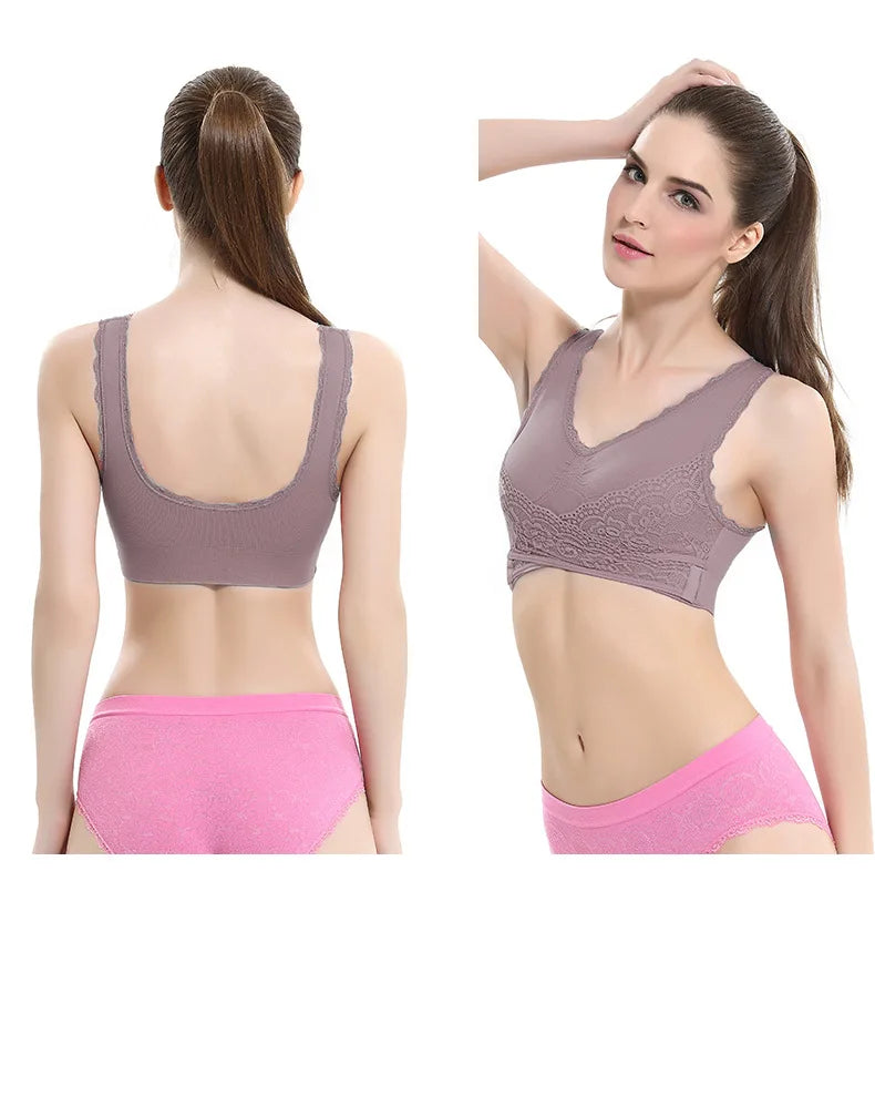 S-4XL Cross Side Buckle Sports Bra Sexy Lace Womens Underwear Thin No Rims Together Brassiere Seamless Shock-proof yoga Bralette