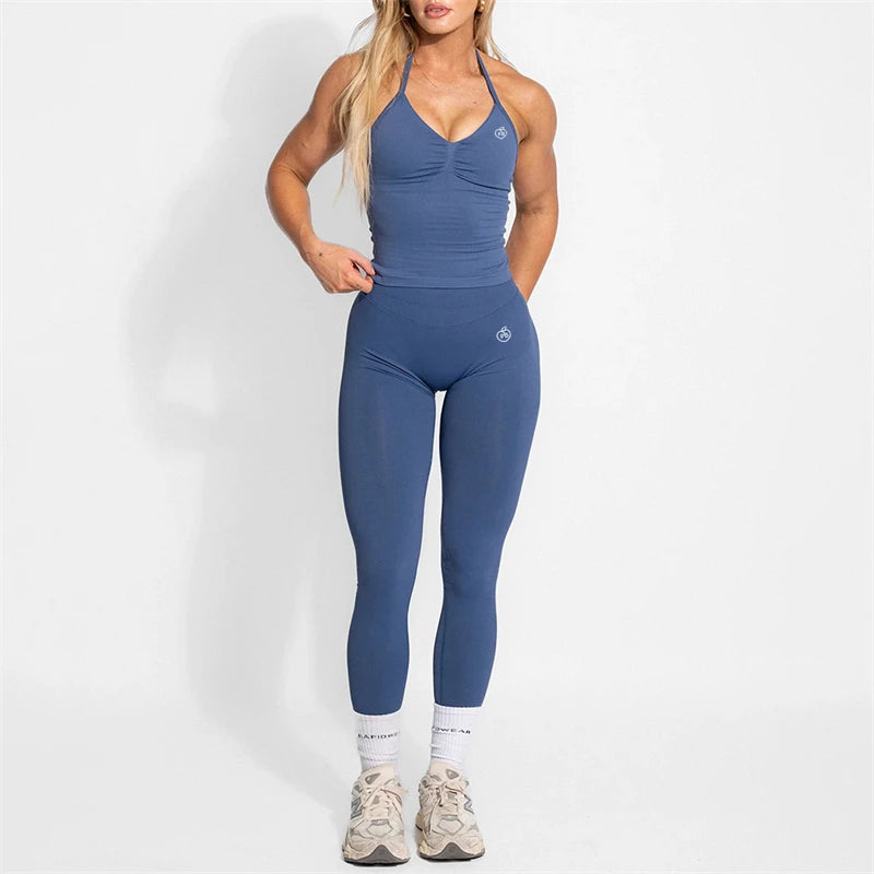 Women's Yoga Set Bum Balance Fitted Halter Tops & Shaping Pants 2pcs Yoga Sportwear Workout Gym Clothing High Waist Leggings Set