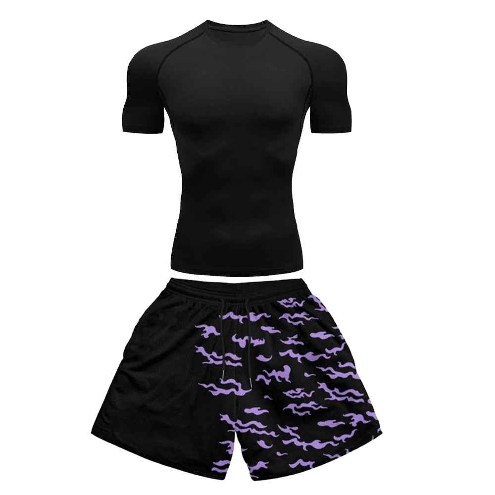 2PCS Anime Compression Sportswear Suit Men's Fitness Set Quick Dry Gothic Compression Shirt+Harajuk 2 in 1 Gym Shorts Summer
