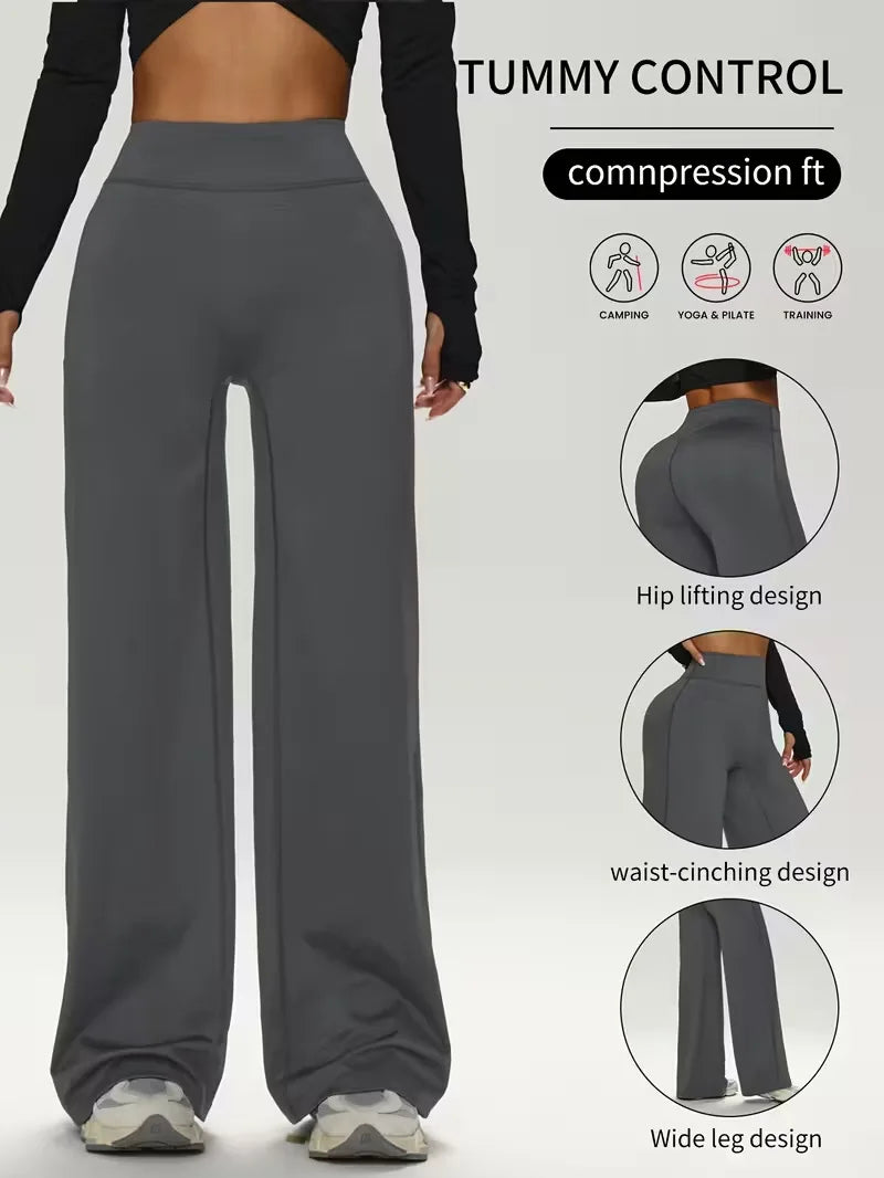 Gym Workout Wide Leg Leggings Women High Waist Tummy Control Loose Yoga Pants Woman Gray Hip Lifting Straight Sports Trousers