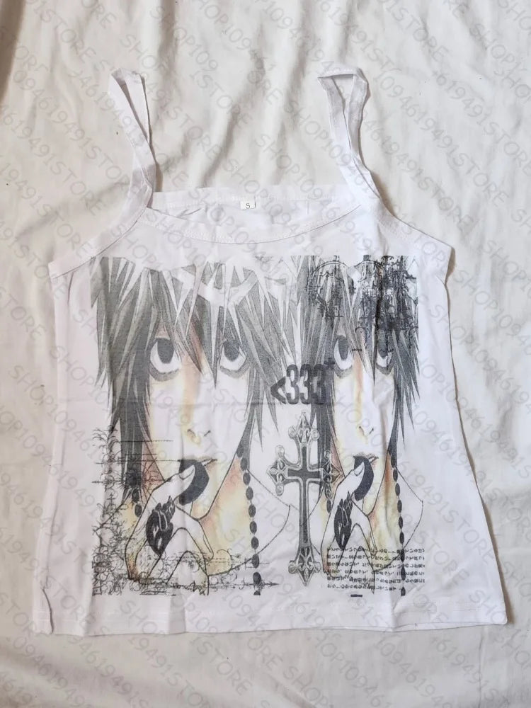 Vintage Y2k Style Clothes Letter Graphic Print Grunge Gothic Punk Slim Crop Top Camisole Female Tank Top Baby Tee 2000s Emo Girl