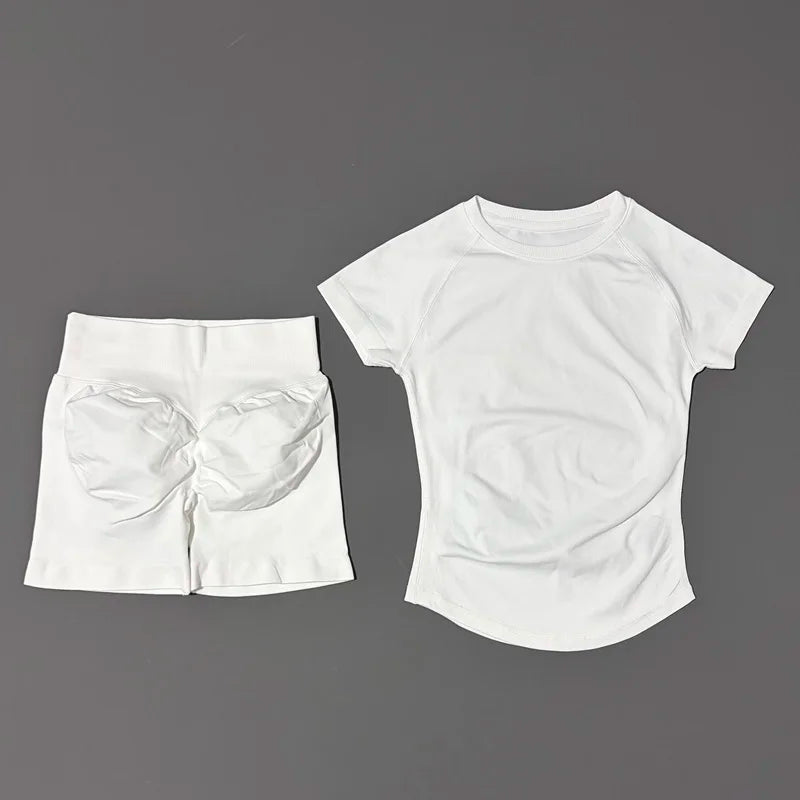 2 Pcs HISTELLO Impact Gym Sets Short Sleeve Seamless Yoga Clothing Fitness Set Women Workout Running Sports Short Leggings Suit