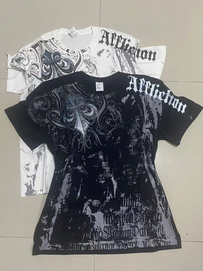Affliction Out Of Print Short Sleeves Woman Hip Hop Black T Shirt Couple Y2K High Street Pure Cotton Tops Aesthetic Clothes