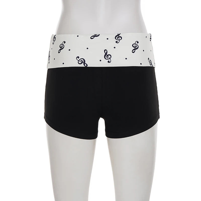 SUCHCUTE Y2k Music Note Print Elastic Shorts Women Skinny Low-waisted Mini Short Streetwear Slim Bottoms Summer Casual Homewear