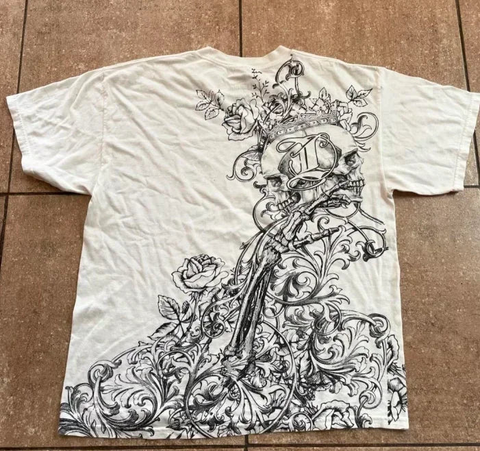 90s American Suffering Trendy Retro Fashion Print Round Neck Short Sleeved T shirt Women Y2K Street Style Gothic Couple Sports