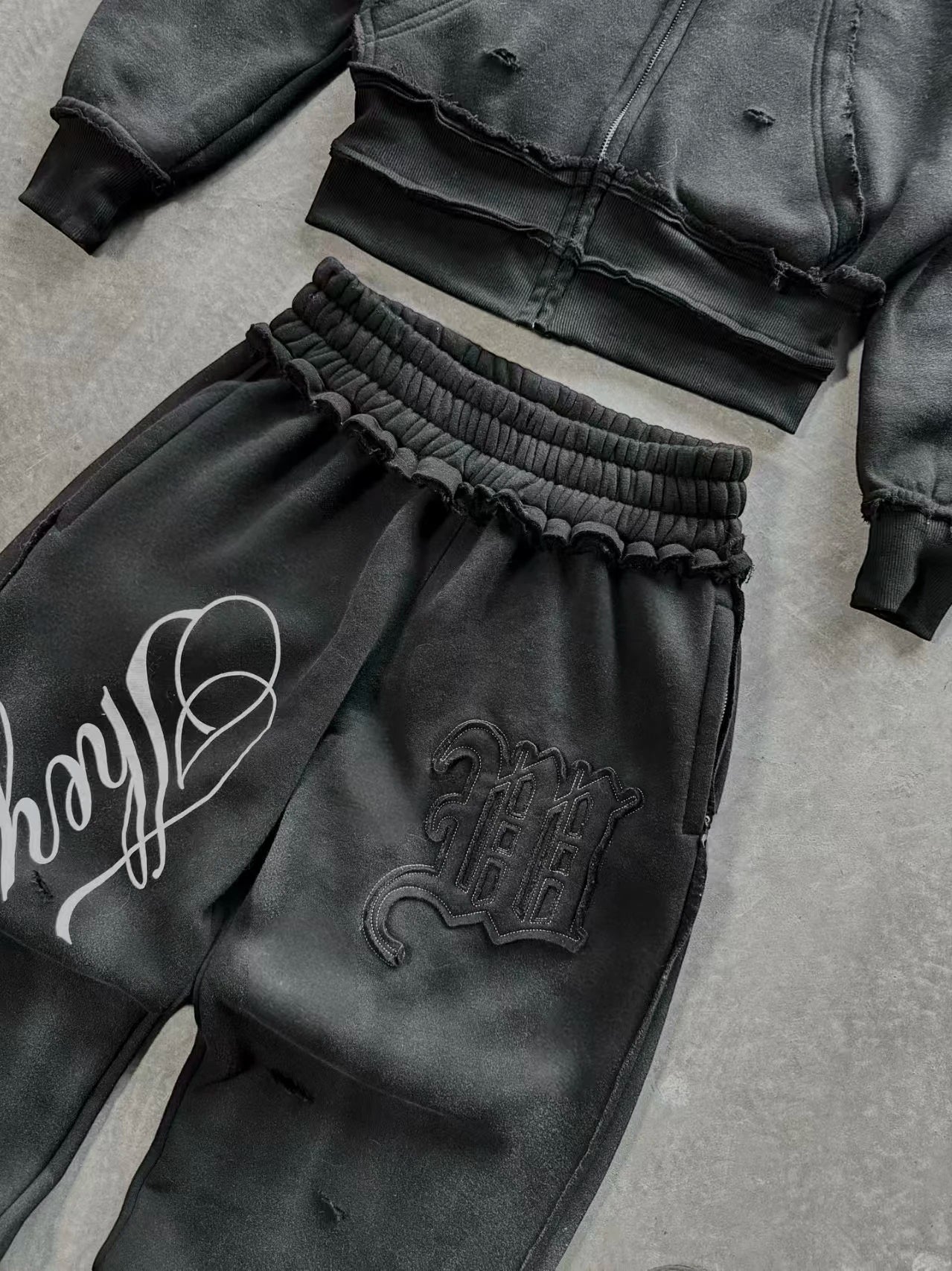 Y2K High Street Retro perforated patchwork double Hat Men Set Punk Hip-hop aged personality top hoodie Couple casual sportswear