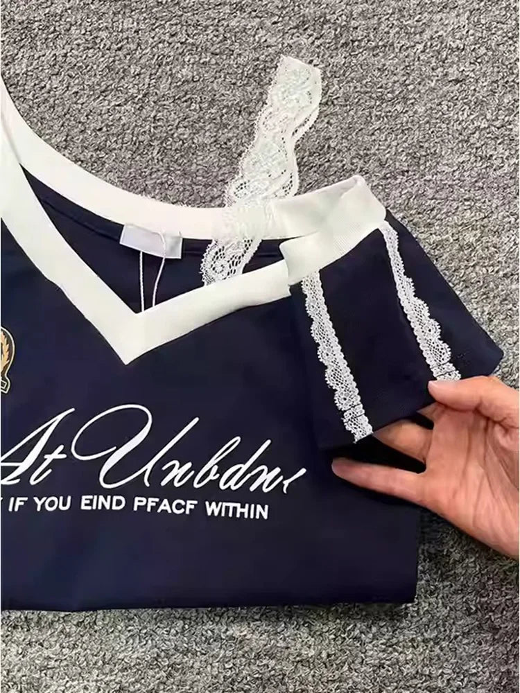 Millennium style Gothic Hot Girl Waist Splicing Lace Strap Short Sleeve T-shirt for Women 2025 New Summer navy blue slim fit top