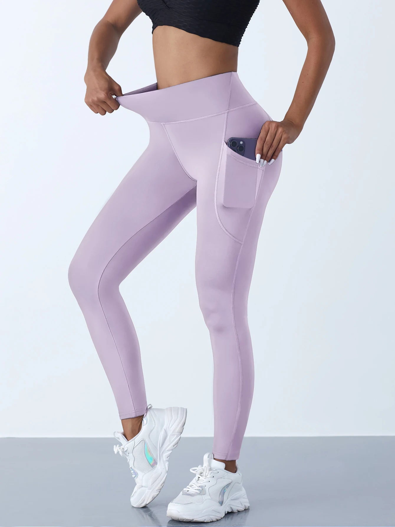 Women High Waist Elastic Workout Yoga Leggings Tummy Control With Side Pockets Pants Seam Gym Fitness Sportswear Tights
