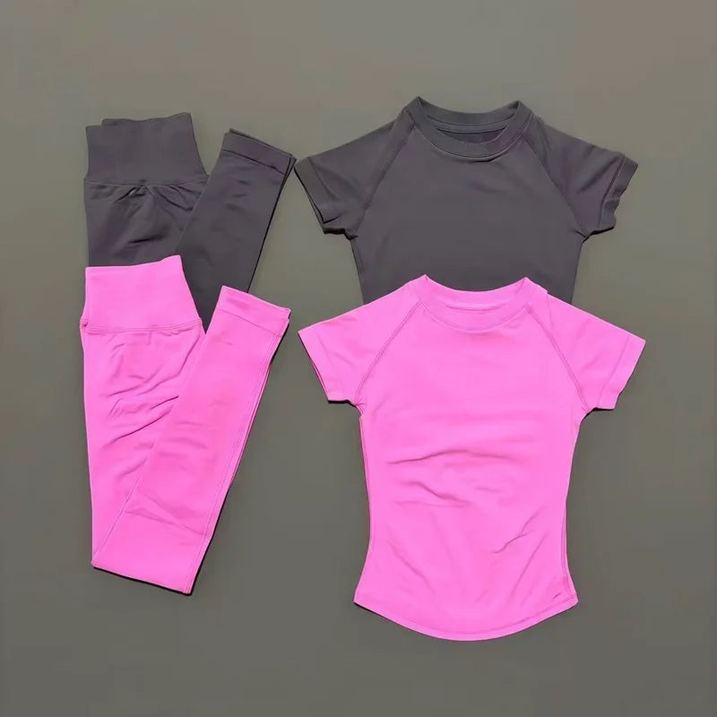 2 Pieces Impact Sports Sets  Short Sleeve Seamless Yoga Top Fitness Set Women Workout Running Sports Leggings Gym Suit