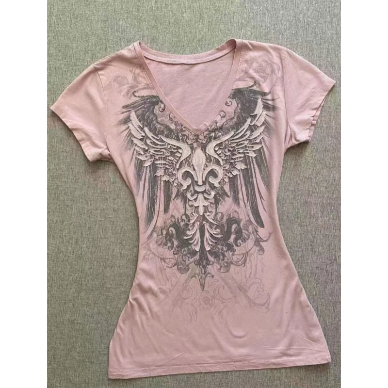 American Street Hottie T-shirt Vintage V-neck Tshirt 2000s Y2K Aesthetic Graphic Printed Tees Women's Punk Chic Tops Ropa Mujer