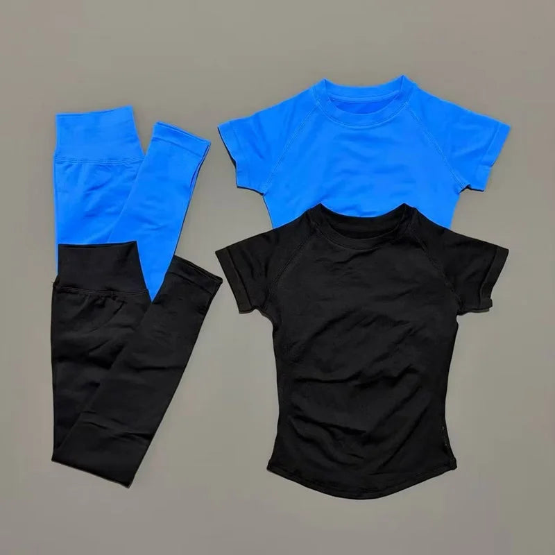 2 Pieces Impact Sports Sets  Short Sleeve Seamless Yoga Top Fitness Set Women Workout Running Sports Leggings Gym Suit