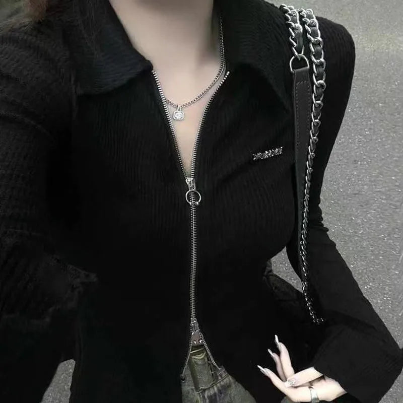 Y2K Slim Fit Zipper Black T-Shirt for Women 2026 Spring New Long Sleeve Fitted Top Woman Chic Street Style Sexy Knitted Crop Tee