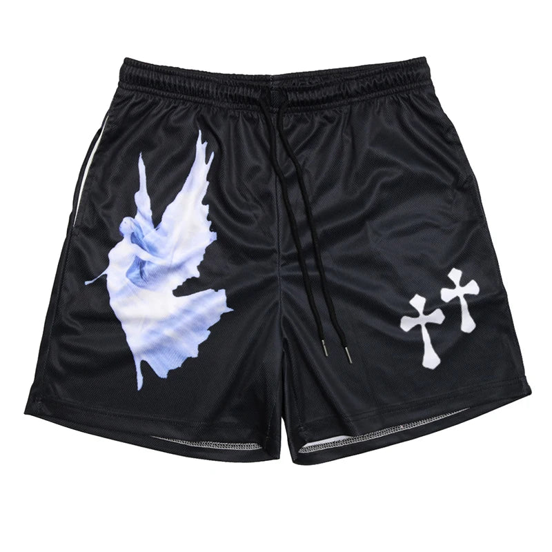 Y2K Christian Angel Cross Print Gym Shorts for Men Active Track Shorts with Pockets Athletic Workout Training Running Jogging