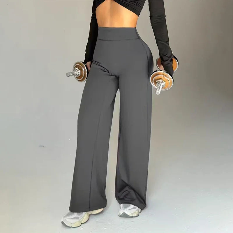 Gym Workout Wide Leg Leggings Women High Waist Tummy Control Loose Yoga Pants Woman Gray Hip Lifting Straight Sports Trousers