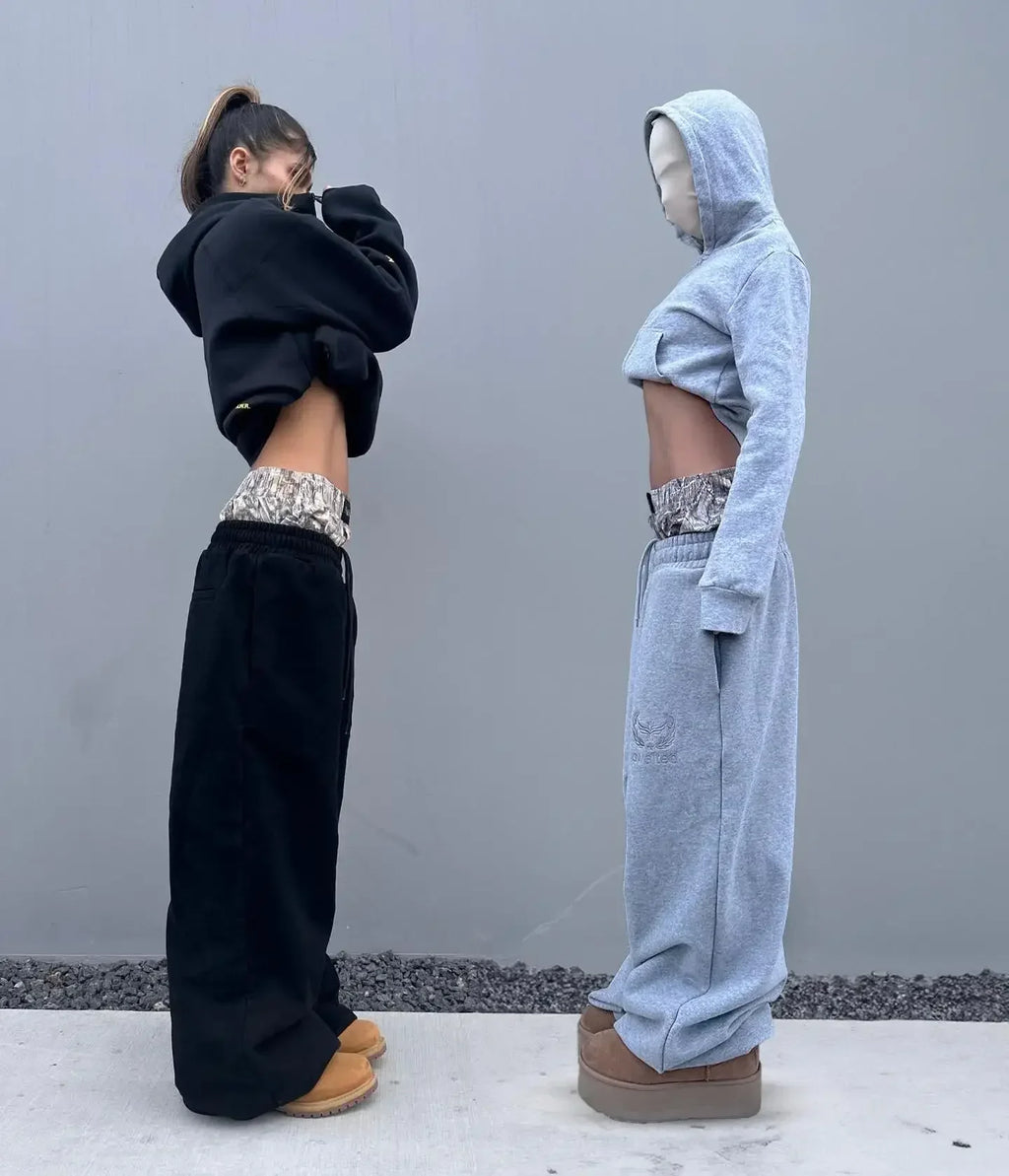 Y2K pants vintage Harajuku double Embroidered waist Sweatpants Men Wome Hip Hop Casual High waisted Wide Leg Pants Streetwear