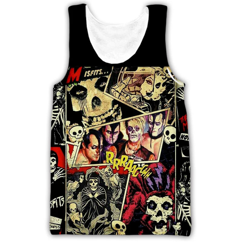 New Misfits Rock Band Tank Tops Skull 3D Print Streetwear Men's Oversized Sleeveless Tank Top Bodybuilding Gym Vest Man Clothing