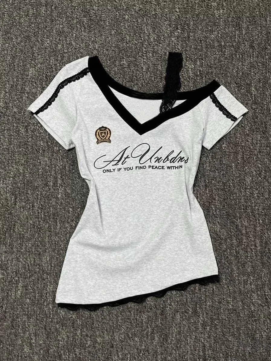 Millennium style Gothic Hot Girl Waist Splicing Lace Strap Short Sleeve T-shirt for Women 2025 New Summer navy blue slim fit top