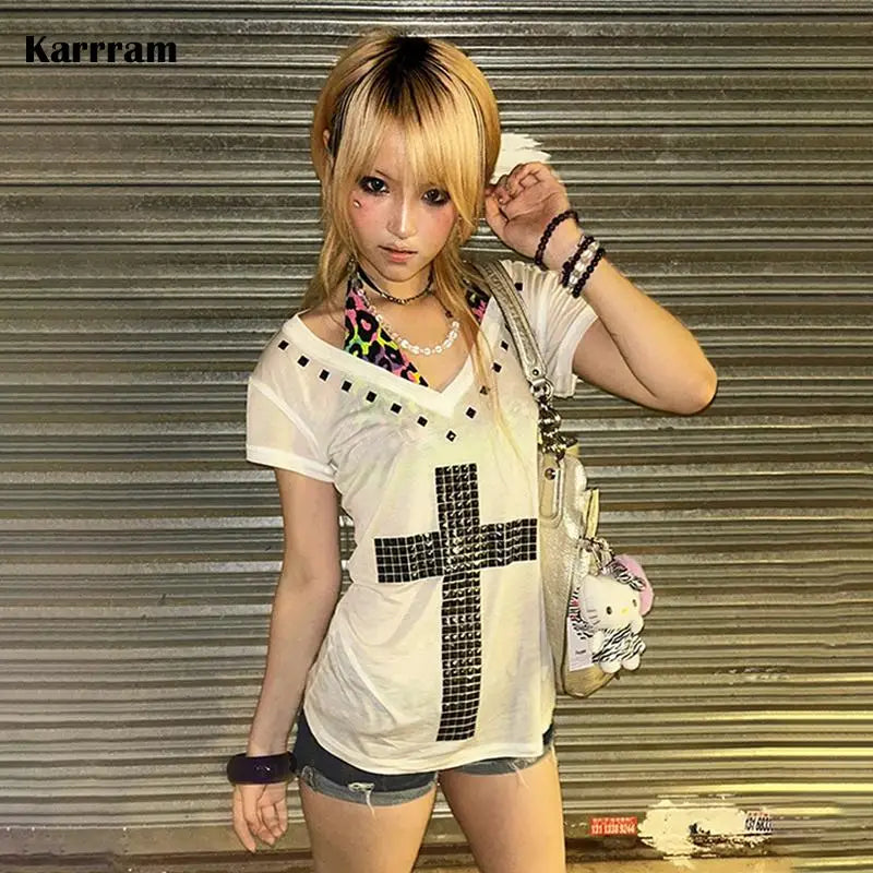 Karrram Japanese Y2k Metal Cross Print T-shirt Vintage Harajuku Short Sleeve Sheer Tops Trashy 2000s V-neck Streetwear Grunge