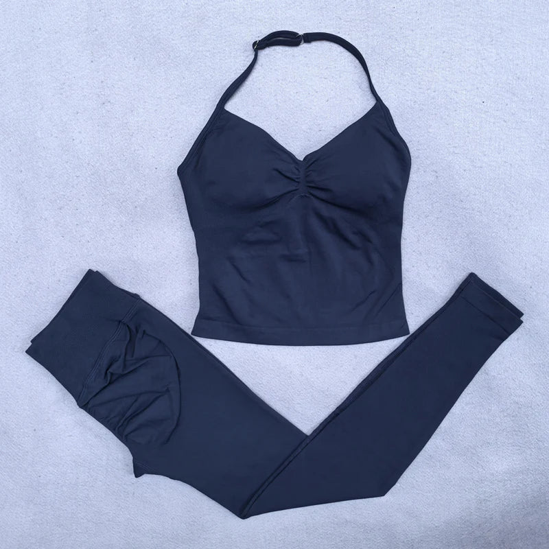 Seamless Yoga Set Women 2Pcs Padded Halter Tank Top Scrunch Butt Lifting Gym Leggings Set Woman Sportswear Workout Clothes